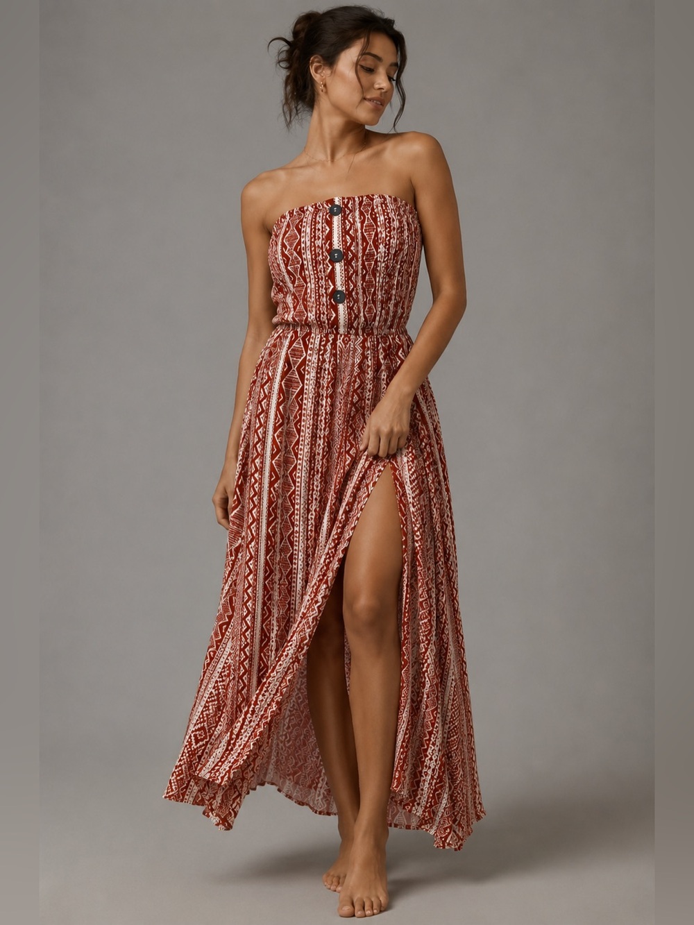 NWT Cupshe Strapless Maxi Dress Boho Tribal Print Smocked Belted Rayon Large